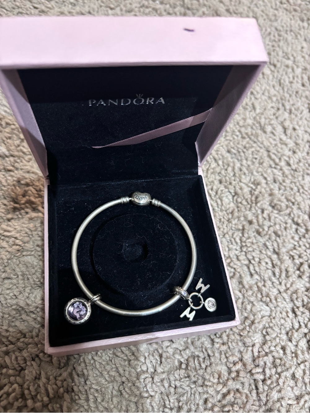 Pandora Silver Bangle Bracelet with Purple Charm and Letter Dangles